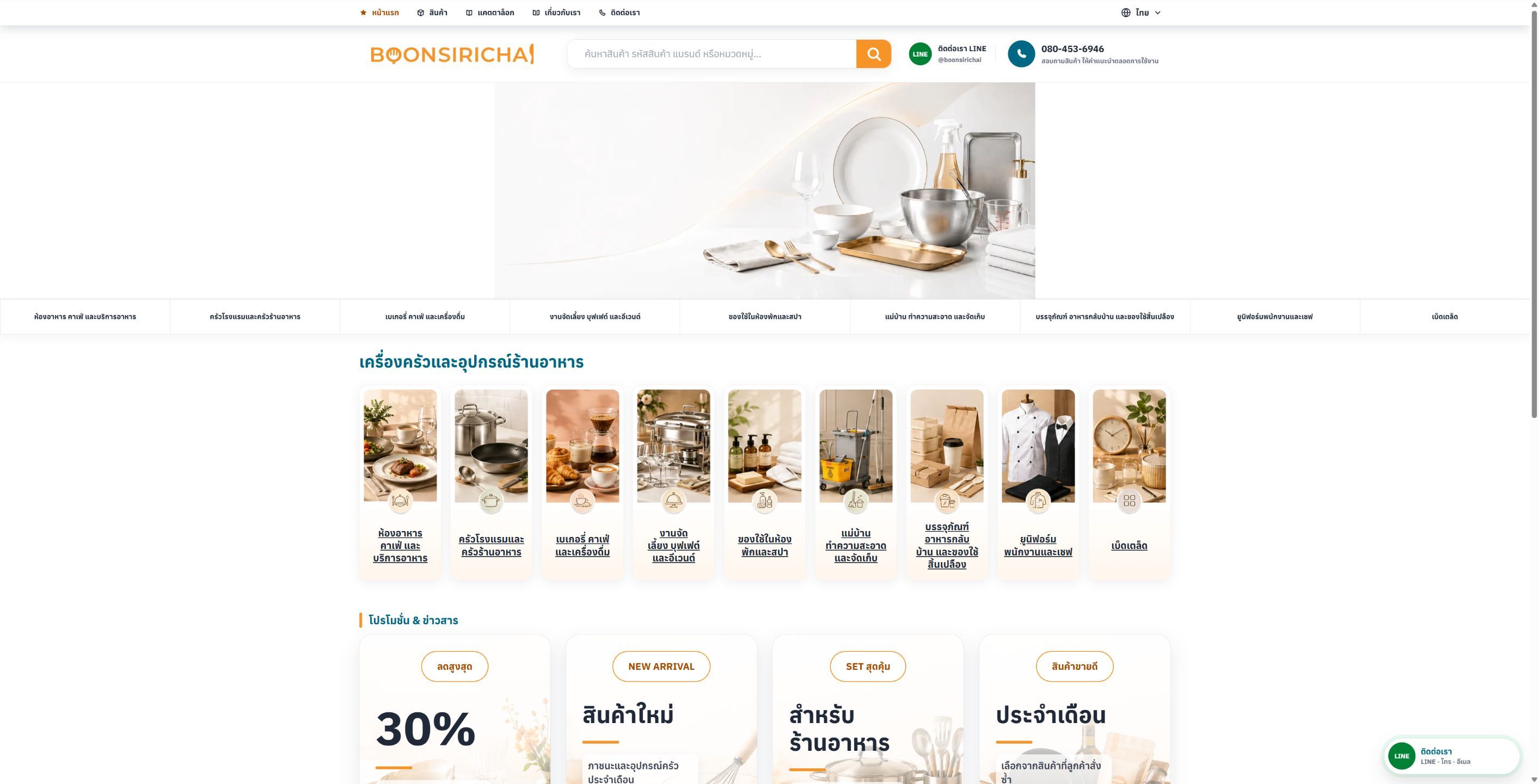 Boonsirichai website showing kitchenware categories, product navigation and the client’s contact options.